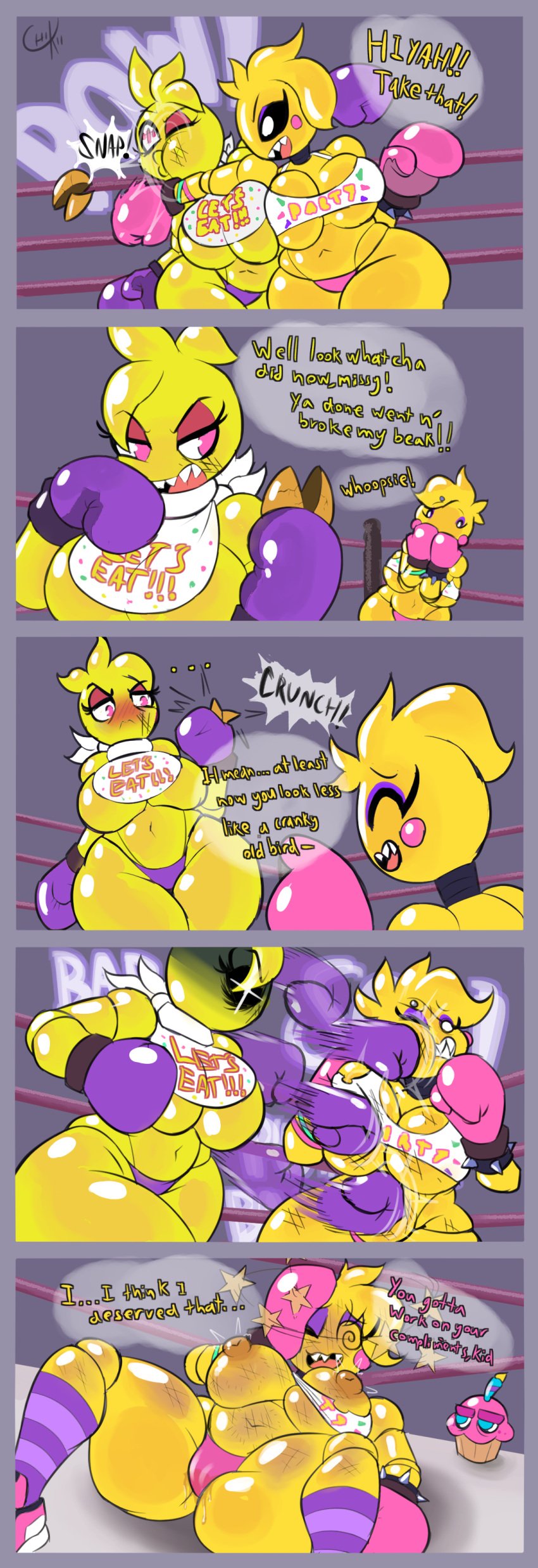 2girls animatronic ass bib big_ass big_breasts big_butt boxing boxing_gloves boxing_ring breasts bruise bruised bruises butt chica_(fnaf) chikin_(artist) comic duo english english_text fat_ass female female_focus female_only fight fighting five_nights_at_freddy's five_nights_at_freddy's_2 foxy_boxing gloves huge_breasts large_breasts multiple_girls pink_boxing_gloves pink_gloves purple_boxing_gloves purple_gloves ryona sharp_teeth speech_bubble tagme text thick thick_thighs thighs toy_chica_(eroticphobia) toy_chica_(fnaf) yuri