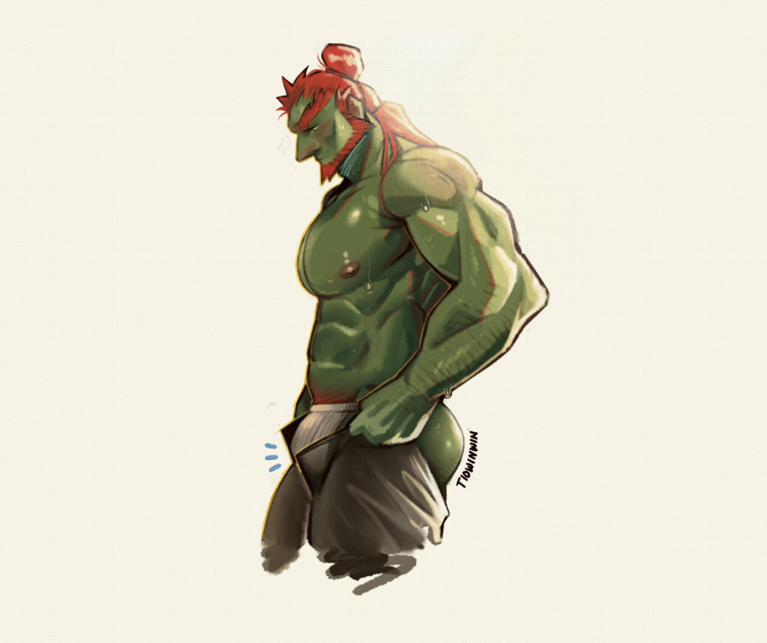 1boy abs arm_hair ass_hair bara beard big_nose blush bulge clothing_aside cropped_legs dressing facial_hair flaccid foreskin from_side ganondorf ganondorf_(tears_of_the_kingdom) gerudo highres i've_never_seen_a_guy_recreate_this_successfully_tbh_(meme) large_pectorals looking_down male_focus male_only male_underwear male_underwear_aside mature_male meme muscular muscular_male navel nipples open_pants pants pants_lift pectorals short_hair solo tears_of_the_kingdom the_legend_of_zelda tiowinwin topless_male undersized_clothes underwear wet wet_clothes wet_male_underwear