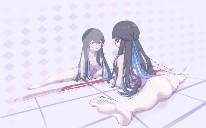 1girls ass black_hair blue_hair feet female fishmanblue gym_clothes gym_uniform gymnastics long_hair mirror punishing:_gray_raven purple_eyes robot_girl selena_(punishing:_gray_raven) splits two_tone_hair