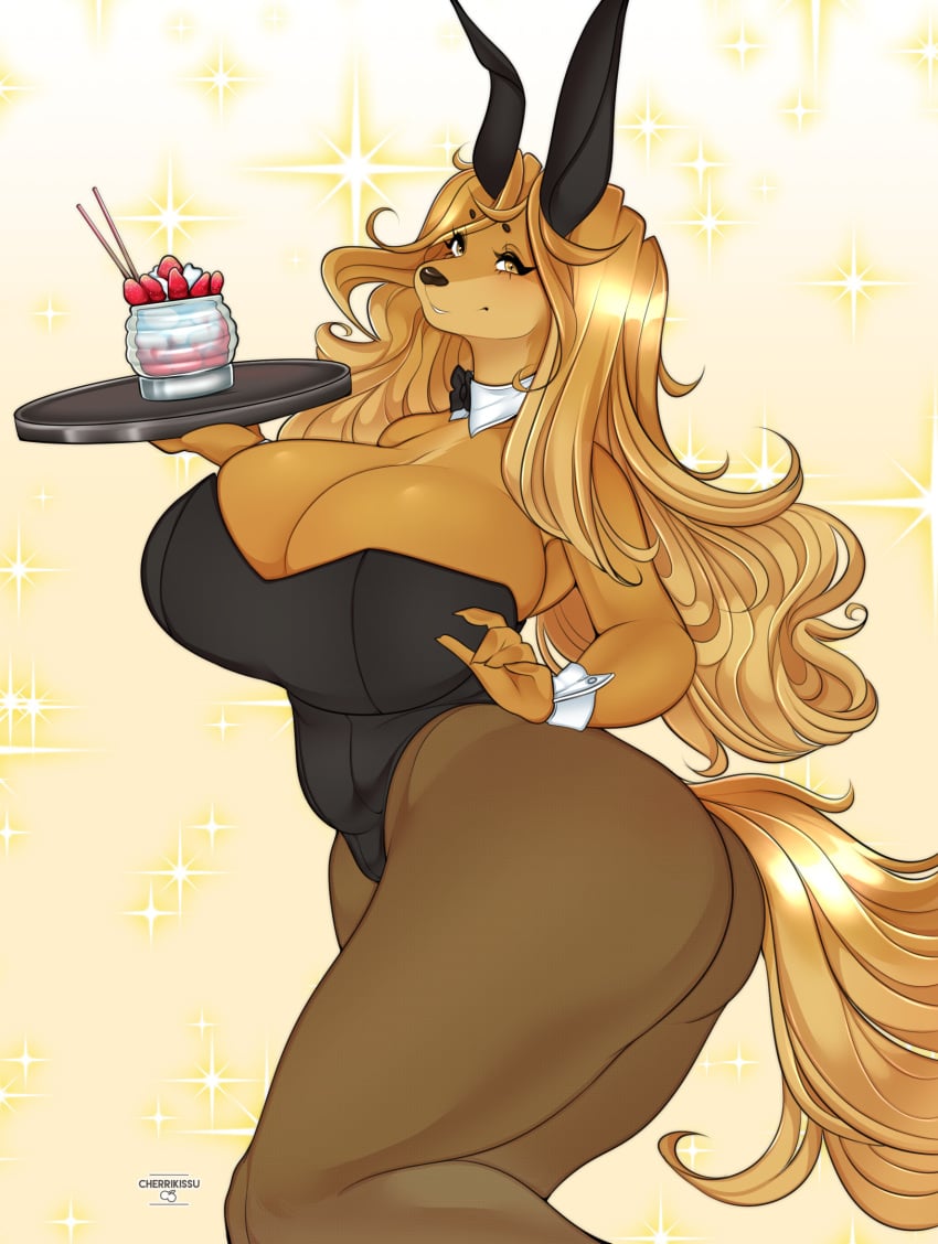 2018 anthro ass big_breasts big_butt breasts bunny_costume canid canine canis cherrikissu cleavage clothed clothing costume digital_media_(artwork) dogmom domestic_dog female hair hi_res holding_object huge_breasts hunting_dog long_hair looking_at_viewer mabel_(cherrikissu) mammal mature_anthro mature_female saluki sighthound smile solo thick_thighs