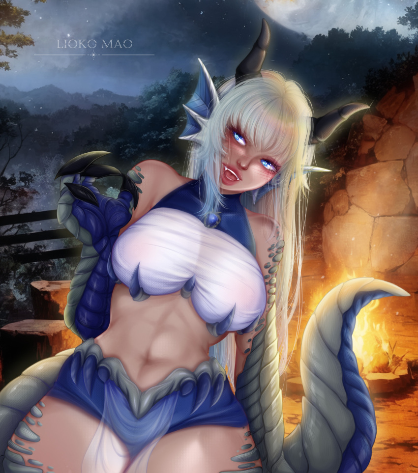 1girls 4_fingers absurd_res blue_eyes blush clawed_fingers commission detailed_background dragon_girl dragon_horns dragon_tail female female_only horns light-skinned_female light_skin liokko_mao long_hair looking_at_viewer monster_girl open_mouth scaled_forearms scales smiling smiling_at_viewer solo tail white_hair