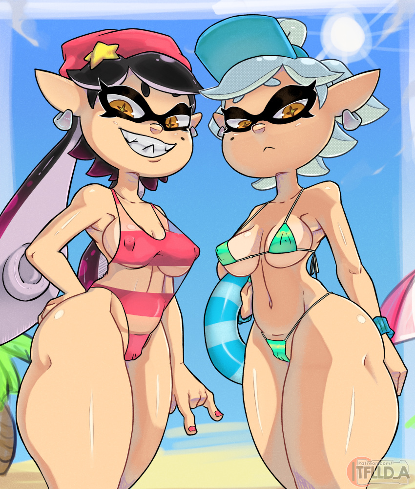 2girls 5tflldartist5 bikini bikini_bottom bikini_top black_hair callie_(splatoon) cleavage earrings eyebrows eyeshadow female female_only inkling light-skinned_female light_hair light_skin long_hair looking_at_viewer marie_(splatoon) mole mole_under_eye multicolored_hair pink_hair pointed_ears pointy_ears sharp_teeth short_hair silver_hair splatoon squid_sisters swimsuit swimwear symbol-shaped_pupils twintails white_hair yellow_eyes