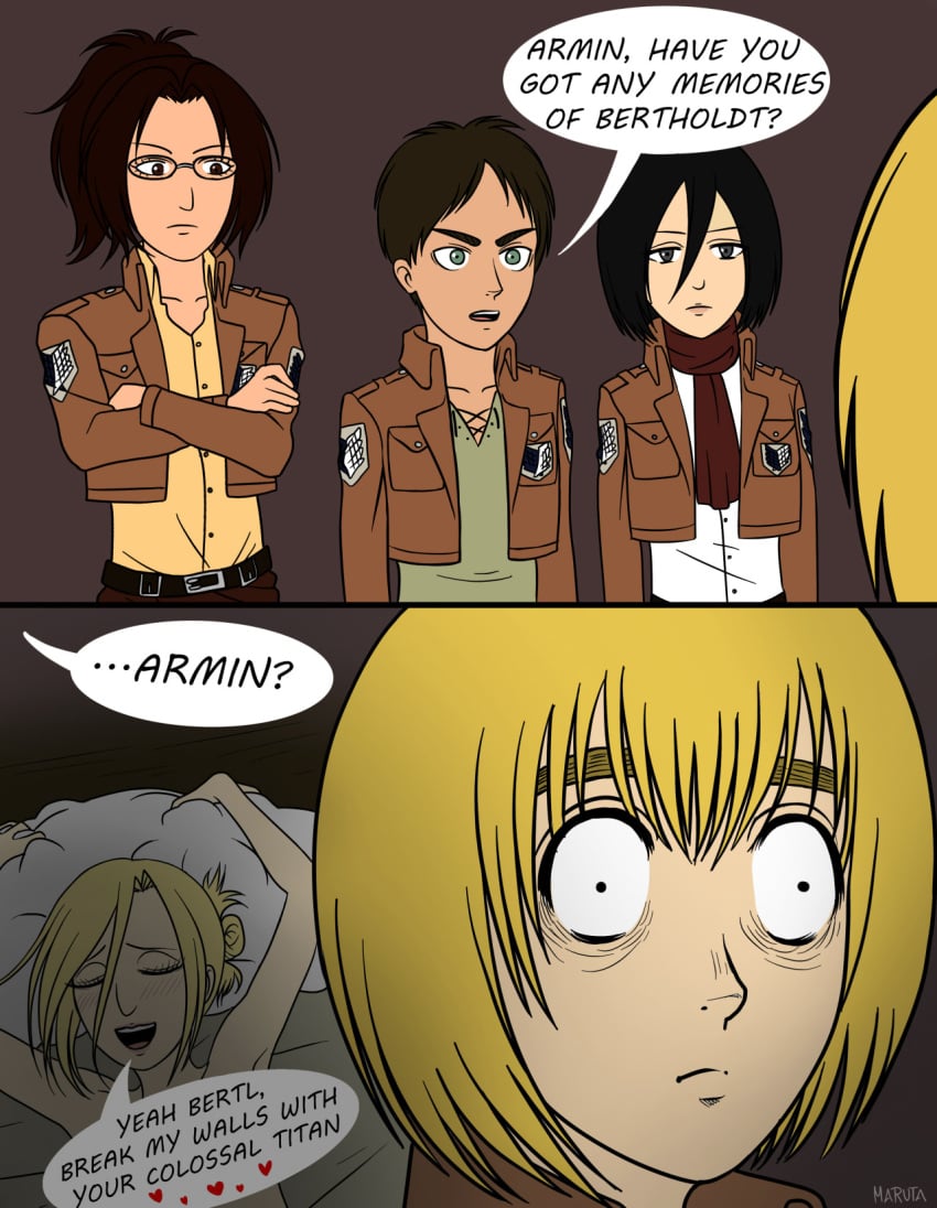 3girls annie_leonhardt armin_arlert asking_for_it attack_on_titan bertolt_hoover blonde_female blonde_hair dialogue dirty_talk english_text eren_jaeger female hanji_zoe heart implied_sex innuendo male mikasa_ackerman moaning multiple_boys multiple_girls pillow_grab remembering sex shingeki_no_kyojin speech_bubble straight straight_sex text witness