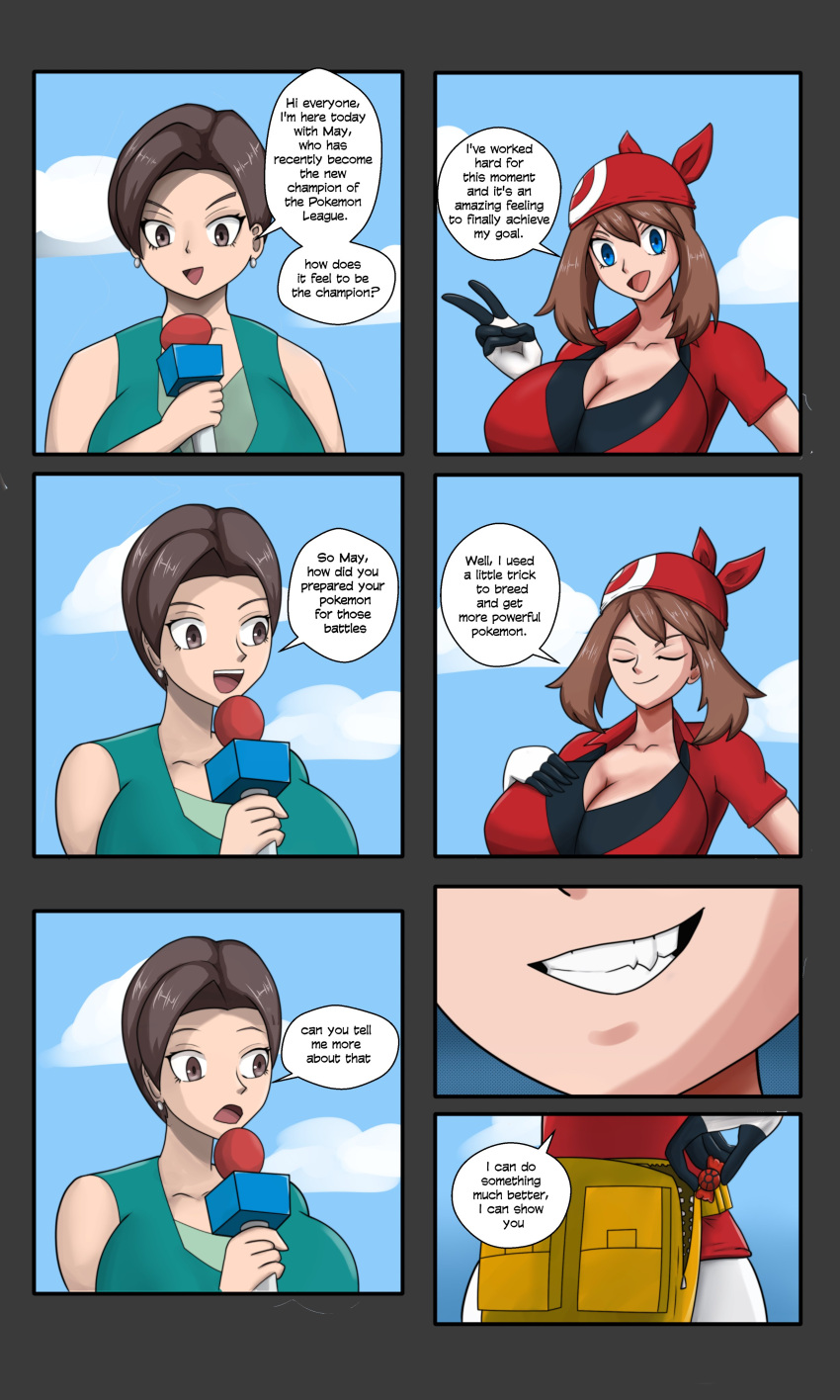 bandana blue_eyes breasts_bigger_than_head brown_eyes brown_hair cleavage cloud earrings gabby_(pokemon) hazel_iic huge_breasts hyper_breasts may_(pokemon) npc_trainer pokemon pokemon_rse rare_candy sharp_teeth sky smirk speech_bubble text