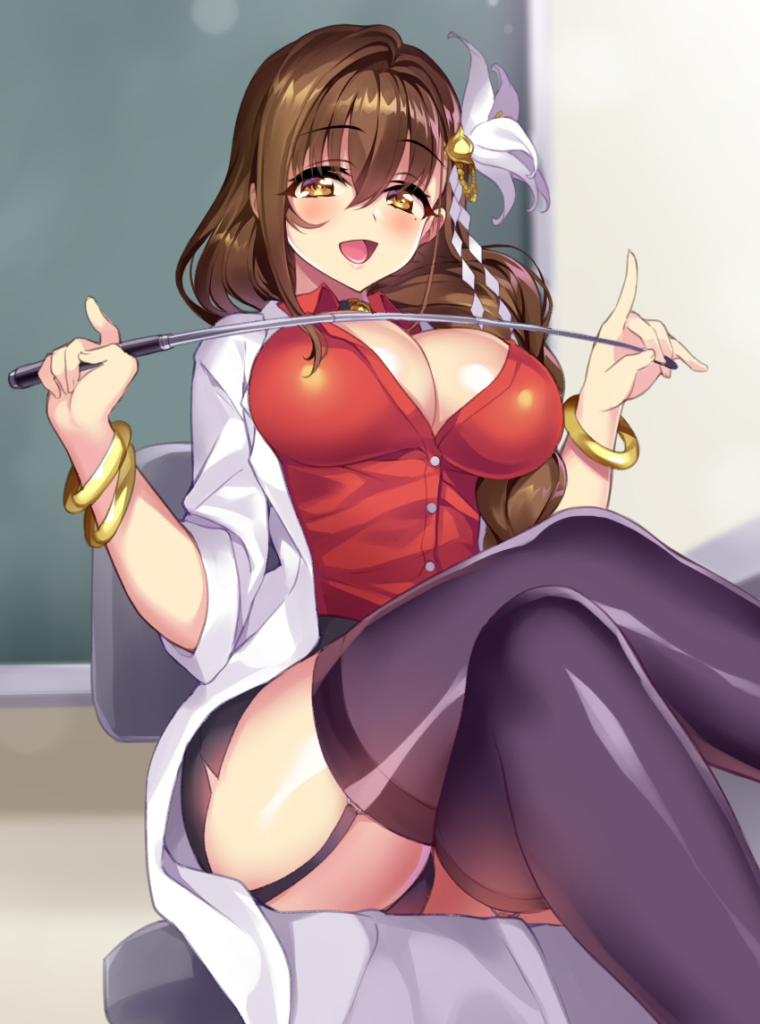 1girls :d bangle black_panties black_thighhighs blush bracelet braid breasts brown_eyes brown_hair cleavage crossed_legs female flower gan_(shanimuni) garter_straps hair_flower hair_ornament hair_over_shoulder indoors jewelry kanpani_girls lab_coat large_breasts long_hair looking_at_viewer miniskirt mole mole_under_eye panties pantyshot pencil_skirt pointer shirayuri_sakura single_braid sitting skirt smile solo thighhighs unbuttoned unbuttoned_shirt underwear yellow_eyes