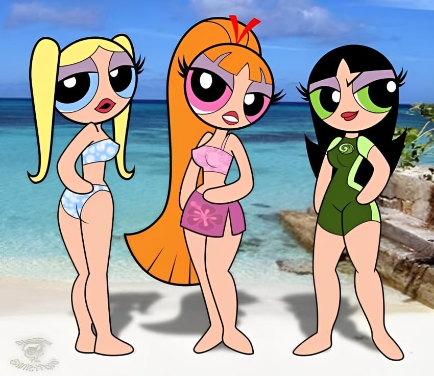 2009 3girls ass beach bigtyme bikini black_hair blonde_hair blossom_(powerpuff_girls) blue_eyes bubbles_(powerpuff_girls) butt buttercup_(powerpuff_girls) cartoon_network eyelashes female green_eyes lingerie lipstick long_hair mouth_open one-piece_swimsuit outdoors pink_eyes ponytail powerpuff_girls red_hair skirt swimsuit theedministrator765 twintails yuri