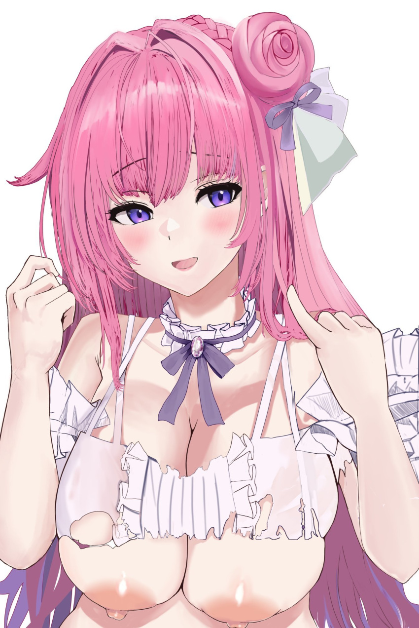 :o bare_shoulders blush bow braid breasts breasts_out_of_clothes buttons clavicle cleavage clothing detached_sleeves dorothy_(nikke) dress embarrassed female frilled_dress frills goddess_of_victory:_nikke hair_bun hair_ornament hair_ribbon high_resolution large_breasts long_hair looking_at_viewer open_mouth pink_hair purple_bow purple_eyes purple_ribbon ribbon shironoharuka simple_background single_side_bun solo tied_hair torn_clothes upper_body white_background white_dress