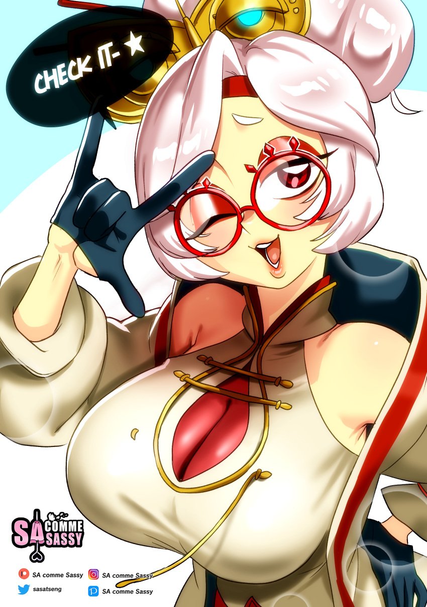 busty dialogue eyeshadow female glasses gloves purah purah_(tears_of_the_kingdom) red_eyes sasatseng smile tears_of_the_kingdom text the_legend_of_zelda white_hair wink