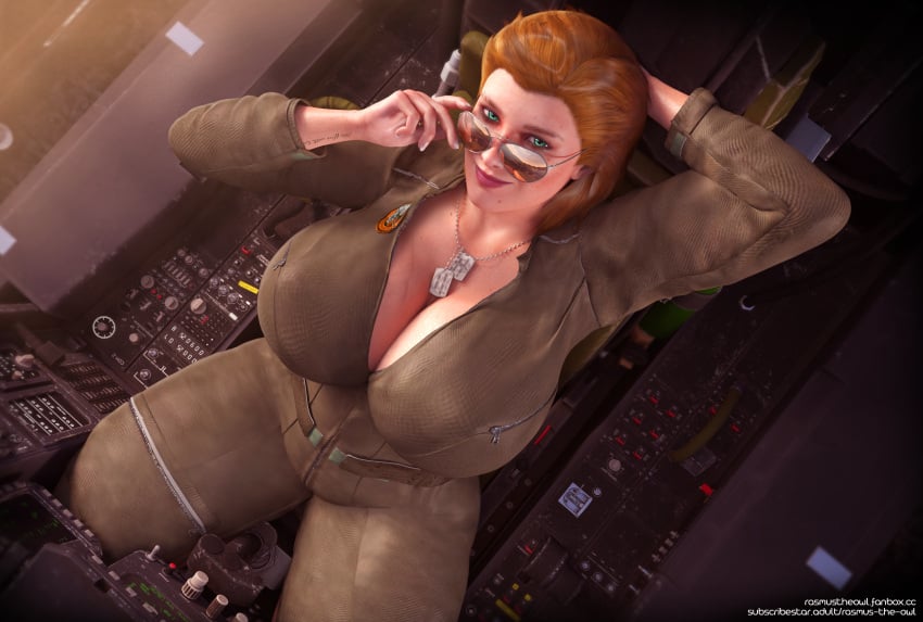 1girls 3d adjusting_eyewear adjusting_glasses adjusting_sunglasses aviator_sunglasses big_breasts blonde_hair cleavage cockpit dog_tags elaine_bangalter emerald_eyes female female_only freckles glasses hand_behind_head huge_breasts looking_over_eyewear looking_over_glasses looking_over_sunglasses milf military muscular muscular_female original original_character pilot pilot_suit rasmus-the-owl scar solo stretch_marks sunglasses tattoo thick_thighs tinted_eyewear wide_hips