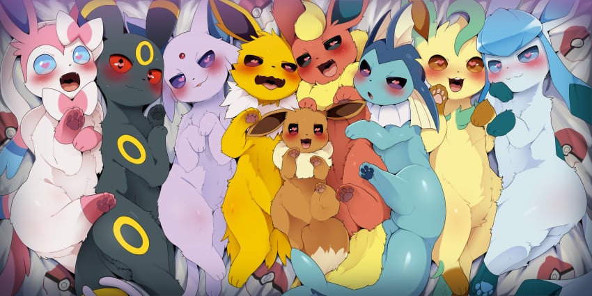 <3 <3_eyes 9girls ahe_gao all_eeveelutions all_nine_eeveelutions bed blacky_(pokemon) blush booster_(pokemon) dagasi eevee eeveelution eievui eifie_(pokemon) espeon featureless_crotch female female_only feral flareon glaceon glacia_(evolution) heart-shaped_pupils heart_eyes jolteon leafeon leafia looking_at_viewer multiple_girls nintendo no_breasts no_genitals nymphia on_bed open_mouth paws pokemon pokemon_(species) showers_(pokemon) sylveon tagme thunders umbreon vaporeon