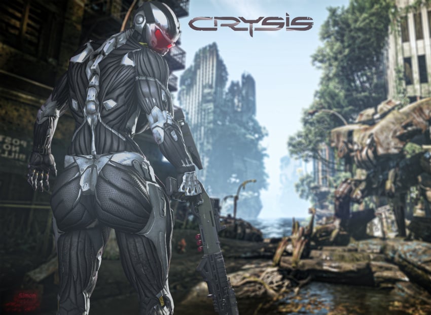 3d 3d_(artwork) ass ass_focus big_ass city_background crysis crysis_2 female female_only light_background masked masked_female muscular muscular_female nanosuit presenting_ass sfm simon_sklar source_filmmaker weapon weapons