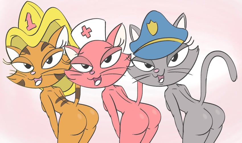 2017 anthro ass breasts clothing danger_rangers domestic_cat felid feline felis female furry group half-closed_eyes hat headgear headwear looking_at_viewer mammal narrowed_eyes nude open_mouth raised_tail simple_background tail tongue trio unknown_artist unknown_character whiskers