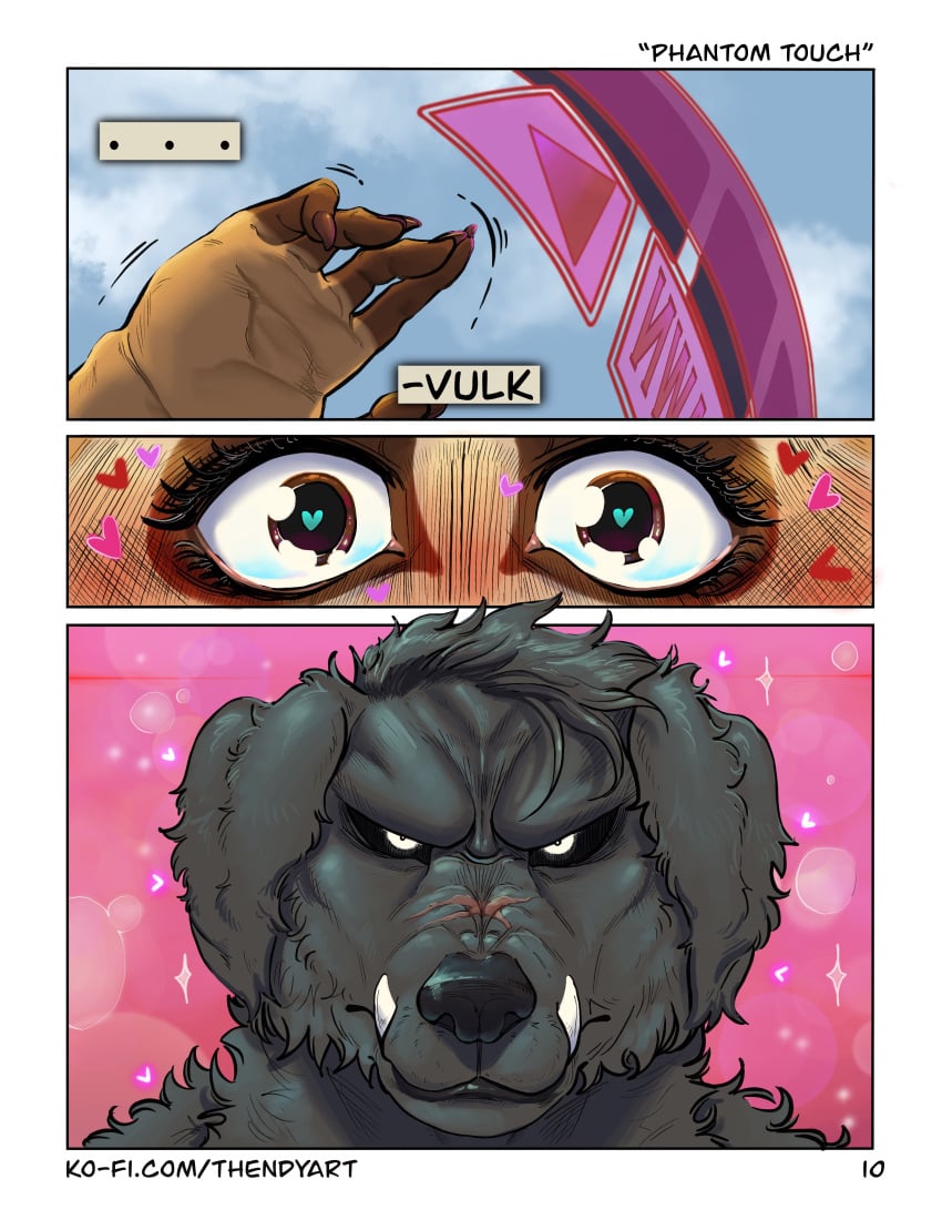 <3_eyes absurd_res anthro blush blush_lines canid canine canis cloudscape comic dialogue digital_media_(artwork) duo english_text facial_markings female floppy_ears fur fur_markings glistening glistening_eyes glowing glowing_eyes grey_body grey_fur hair head_markings heart herpestid hi_res inner_monologue looking_at_viewer lyra_(phantom_touch) male male/female mammal markings meerkat motion_lines muscular muscular_anthro muscular_male nervous nude pink_background prehistoric prehistoric_animal scar simple_background sky sparkles teeth teeth_showing text thendyart tuft url vulk_(phantom_touch) wide_eyed wolf