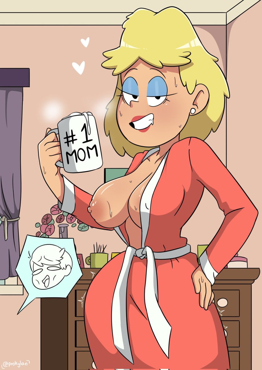 1boy 1girls 2d after_ejaculation areolae bathrobe big_breasts blonde_hair blue_eyeshadow chest_of_drawers cum_in_container cum_in_cup female femdom hand_on_hip implied_incest incest jpeg_artifacts lincoln_loud medium_hair milf mother mother_and_son mug nipples one_breast_out prokylan red_lipstick rita_loud seductive_smile standing stud_earrings the_loud_house