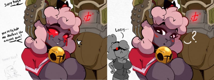 animal_crossing anthro bare_breasts bulge crack_pairing crossover cult_of_the_lamb doom doom_slayer_(doom) eastern_and_western_character female female_focus imminent_sex interuption isabelle_(animal_crossing) jealous jealous_female jealous_look jealousy karakylia lamb_(cult_of_the_lamb) seductive seductive_smile