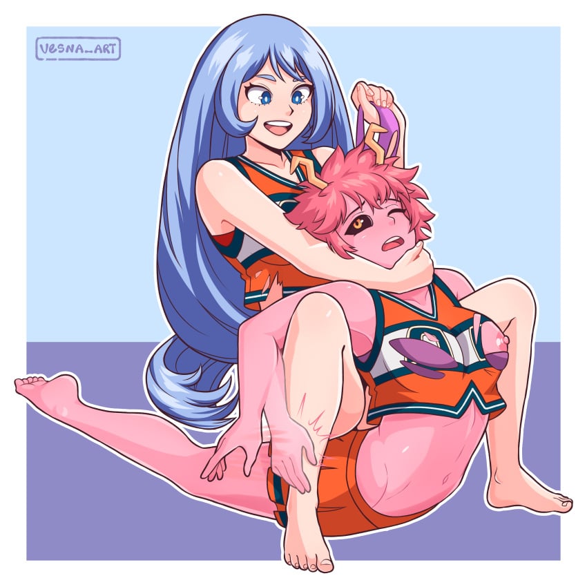 2girls blue_hair breasts camel_clutch catfight cheerleader cheerleader_uniform female female_only full_body legs mina_ashido multiple_girls my_hero_academia nejire_hado nipples pink_hair ripped_clothing shounen_jump submissive tagme thong torn_clothes vesna_art wrestling yuri