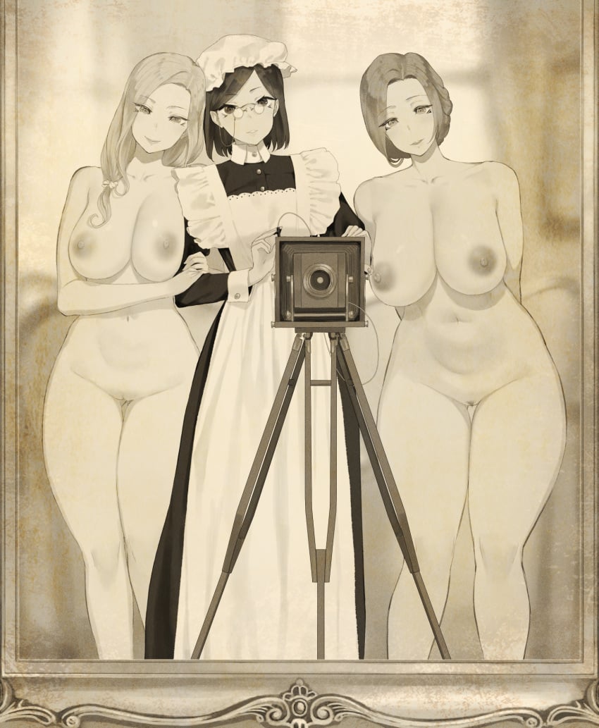 3girls apron arms_behind_back black_dress breasts camera closed_mouth completely_nude dress glass grabbing_another's_arm highres large_breasts long_hair long_sleeves looking_at_mirror looking_at_viewer maid maid_apron maid_headdress medium_hair mirror monochrome multiple_girls nipples nude old-fashioned original photo_(object) pussy smile standing throtem