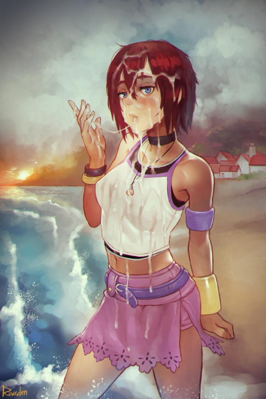 1girls beach belly belly_button blue_eyes blush choker clothed clothed_female clothes clothing covered_in_cum crop_top cum cum_on_body cum_on_face cum_string female female_focus female_only kairi kingdom_hearts looking_at_viewer midriff rawrden red_hair short_hair source_request tank_top tomboy