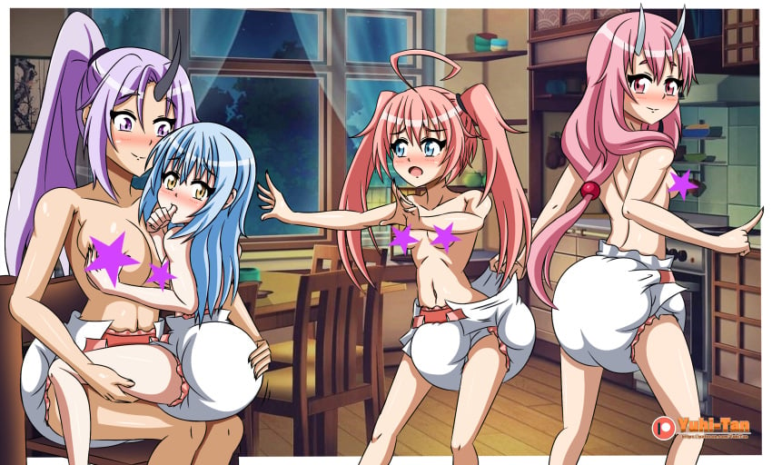 4girls censored censored_nipples diaper female female_only milim_nava multiple_girls rimuru_tempest shion_(tensei_shitara_slime_datta_ken) shuna_(tensei_shitara_slime_datta_ken) tensei_shitara_slime_datta_ken that_time_i_got_reincarnated_as_a_slime yuhi-tan