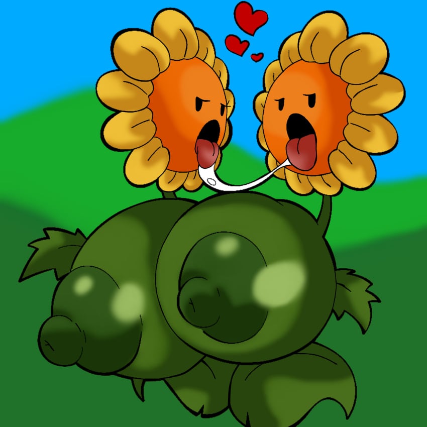 ahe_gao big_breasts breasts conjoined cyanu dendrophilia female flora_fauna grey_body humanoid kissing massive_breasts multi_head petals plant plant_girl plant_humanoid plantie plants_vs_zombies saliva siamese sunflower sunflower_(pvz) sunflowers twin_sunflower_(pvz) twins yuri