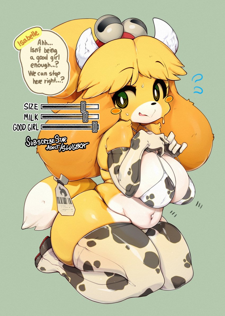 animal_crossing anthro arm_gloves barcode bell_hair_tie bikini chubby chubby_female cow_bell cow_horns cow_print_bikini cow_print_gloves cow_print_thigh_highs cow_tag dialogue dog_ears dog_girl english_text female furry huge_breasts isabelle_(animal_crossing) looking_at_viewer nintendo question_mark slider slugbox speech_bubble spoken_question_mark subscribestar_username talking_to_viewer text