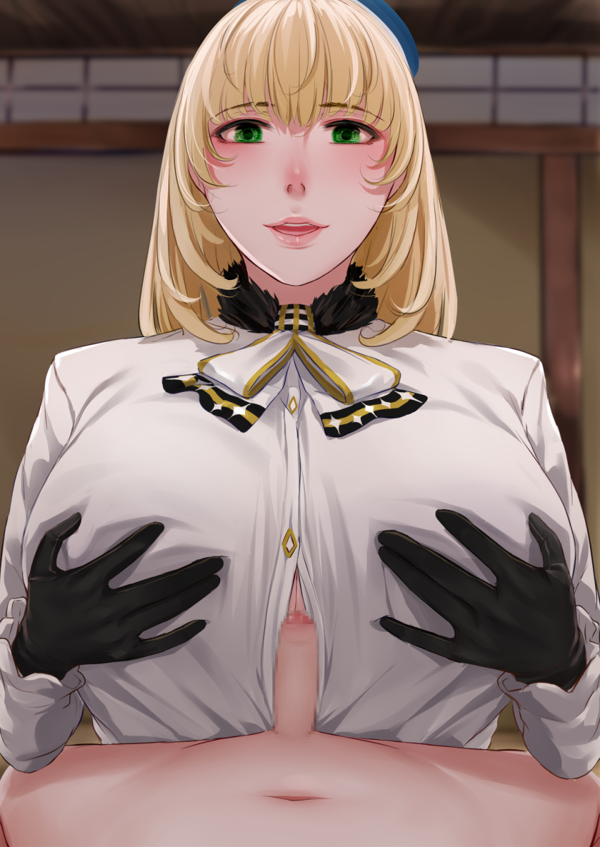 1boy 1girls 2d 2d_(artwork) atago_(kantai_collection) black_gloves blonde_female blonde_hair blonde_hair_female blonde_hair_green_eyes censored clothed_breasts clothed_female_nude_male female ggli_(yuine_wantan) gloves green_eyes happy holding_breasts huge_breasts imminent_paizuri kantai_collection light-skinned_female light-skinned_male light_skin long_hair long_sleeve_shirt looking_at_viewer male mosaic_censoring open_mouth paizuri paizuri_invitation pov small_penis small_penis_adoration smooth_penis smooth_skin uniform unseen_male_face white_shirt