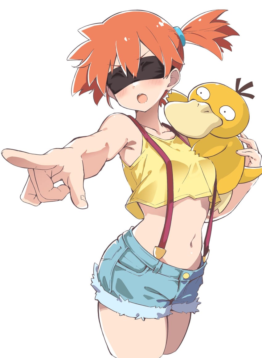 1girls bare_shoulders black_blindfold blindfold blush breasts collarbone creatures_(company) denim denim_shorts female foreshortening game_freak gen_1_pokemon highres human kasumi_(pokemon) midriff navel nintendo pointing pokemon pokemon_(anime) pokemon_(species) psyduck rauto red_hair short_hair short_shorts shorts side_ponytail simple_background small_breasts stomach suspender_shorts suspenders tank_top white_background