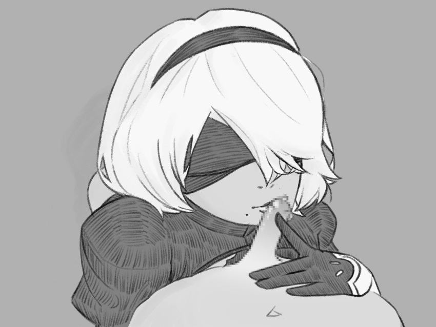 1boy 1girls black_and_white blindfold clothed_female_nude_male dotdotnsfw fellatio gloves kissing_penis nier:_automata pov small_penis small_penis_adoration touching_penis unseen_male_face white_hair yorha_2b