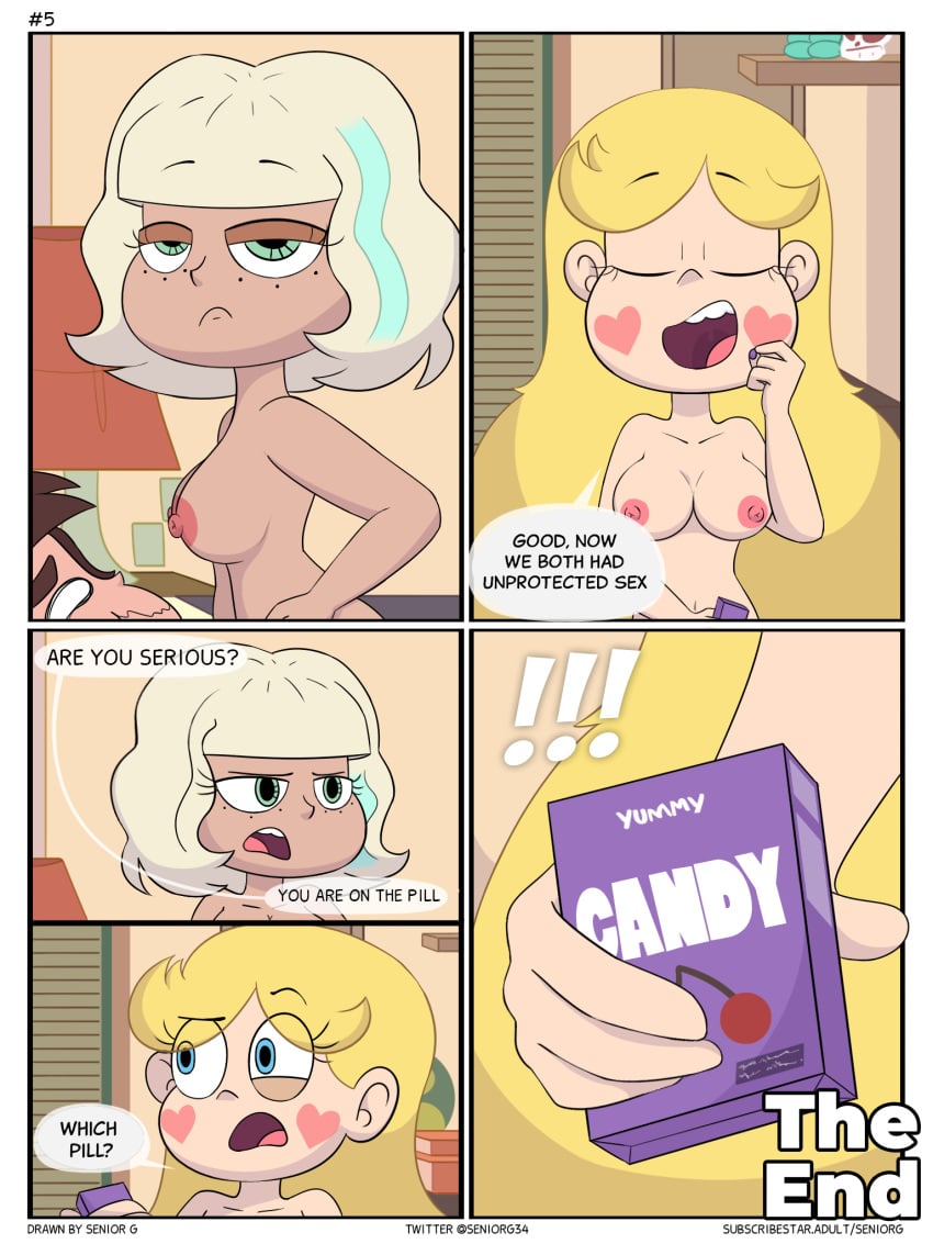 1boy 2girls after_sex blonde_hair blush_stickers breasts comic dialogue english_text female female_focus heart-shaped_blush_stickers imminent_pregnancy impregnation_risk jackie_lynn_thomas marco_diaz multiple_girls nipples open_mouth seniorg star_butterfly star_vs_the_forces_of_evil tagme text