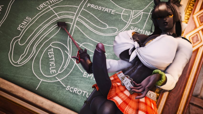 3d abs black_lipstick black_skin bunny_ears bunny_girl chalkboard classroom collar dark-skinned_futanari erection facial_markings final_fantasy final_fantasy_xiv futa_only futanari gpose(ffxiv) hair_over_one_eye huge_balls huge_cock inviting_to_sex leopard_print muscular_futanari no_panties piercing pinky_out plaid_skirt public_nudity riding_crop sex_education skirt_lift veiny_penis viera xivvanta yellow_eyes