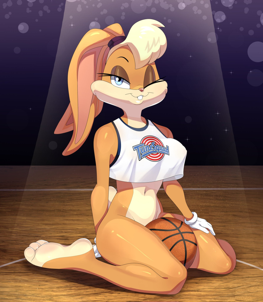 3_toes barefoot basketball basketball_(ball) blue_eyes breasts bunny_ears clothed clothing eyelashes feet female female_only lola_bunny looney_tunes rabbit rabbit_ears solo solo_female space_jam space_jam:_a_new_legacy squish_(artist) yellow_hair