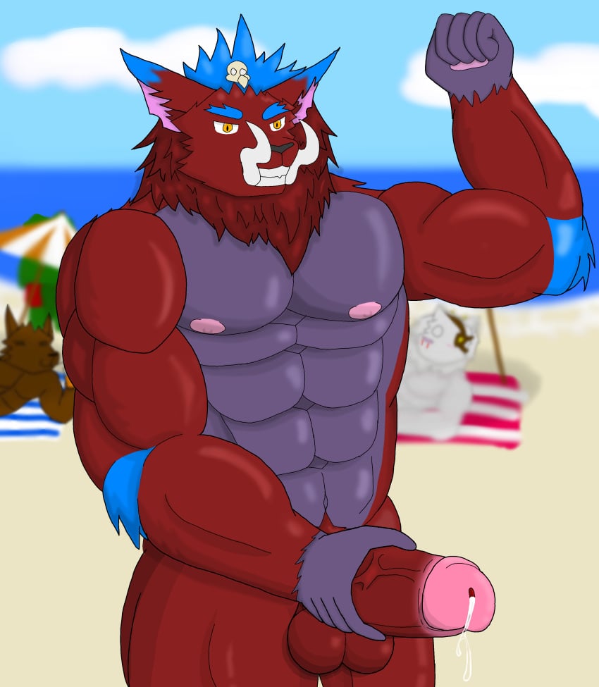 absurd_res anthro balls beach big_balls big_penis bodily_fluids bone clothing dragon_reany erection fangs fur genital_fluids genitals gnar grin hair headgear headwear hi_res humanoid_genitalia humanoid_penis league_of_legends male male_focus male_only mega_gnar muscular muscular_male nasus navel neck_tuft nipples nude penis posed pubes red_body red_fur rengar riot_games seaside skull smile solo source_request teeth tuft vein vein_penis year_request yordle