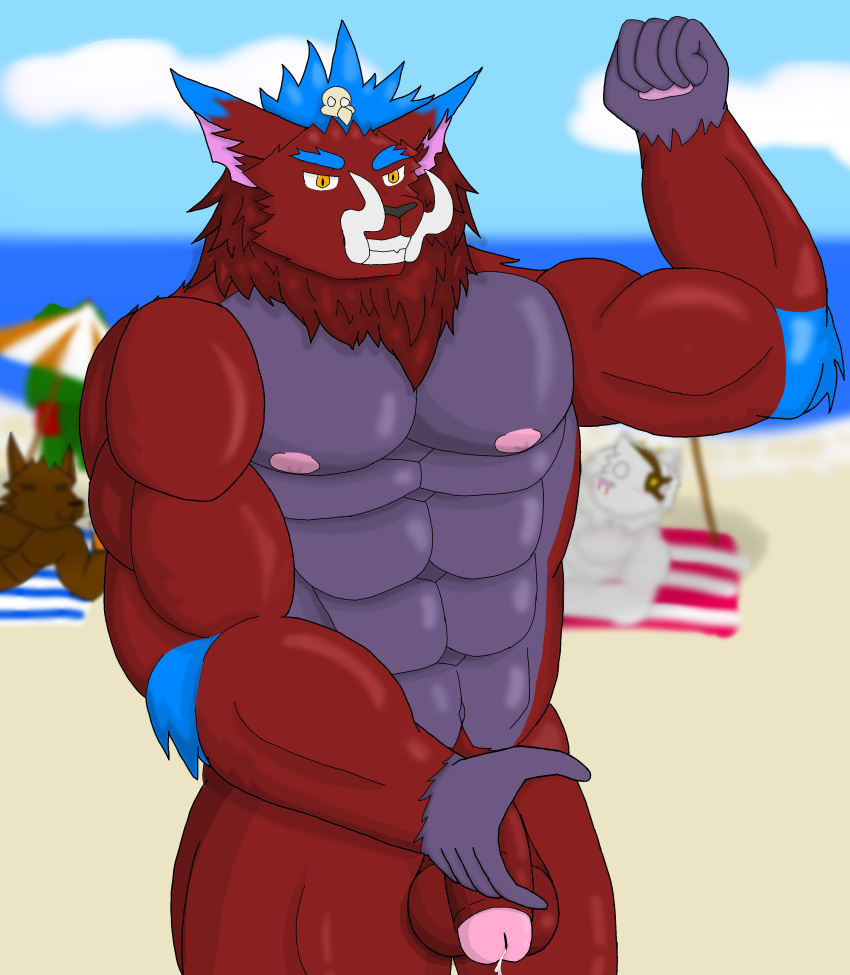 absurd_res anthro balls beach big_balls big_penis bodily_fluids bone clothing dragon_reany fangs fur genital_fluids genitals gnar grin hair headgear headwear hi_res humanoid_genitalia humanoid_penis league_of_legends male male_focus mega_gnar muscular muscular_male nasus navel neck_tuft nipples nude penis posed pubes red_body red_fur rengar riot_games seaside skull smile solo solo_male source_request teeth tuft year_request yordle