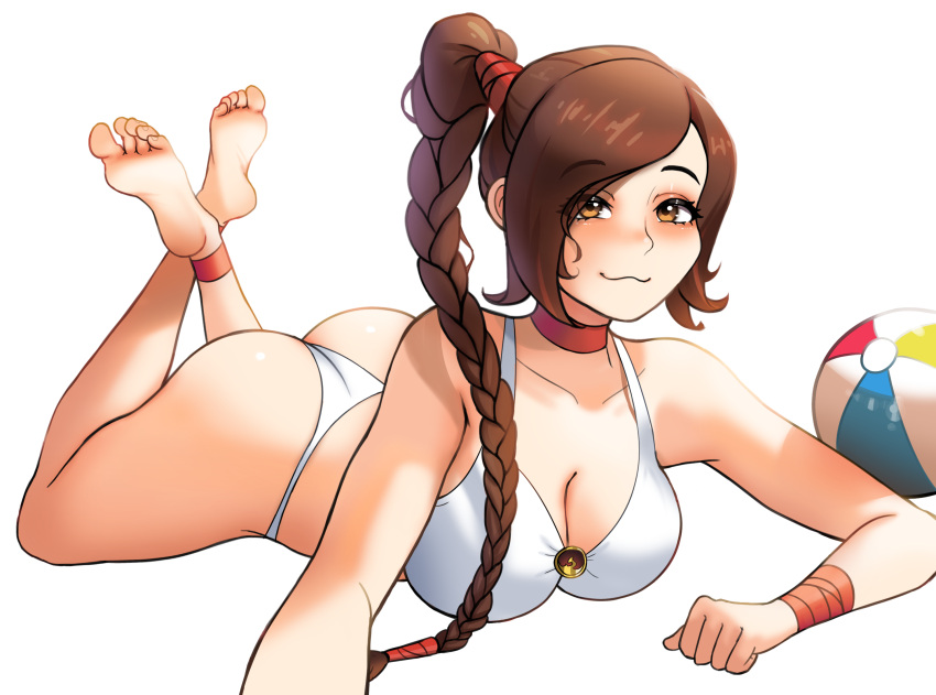 1girls amber_eyes avatar_the_last_airbender bikini blush braid brown_hair brunette choker crossed_legs feet myst selfie solo tagme ty_lee yhw