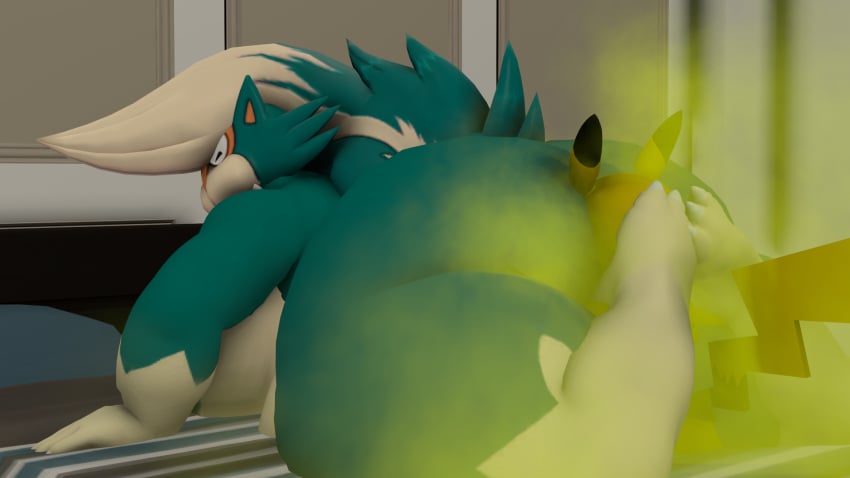 3d belly facesitting fart fat gassy moobs mrrainbow nintendo pikachu pokemon pokemon_(species) skuntank source_filmmaker tagme