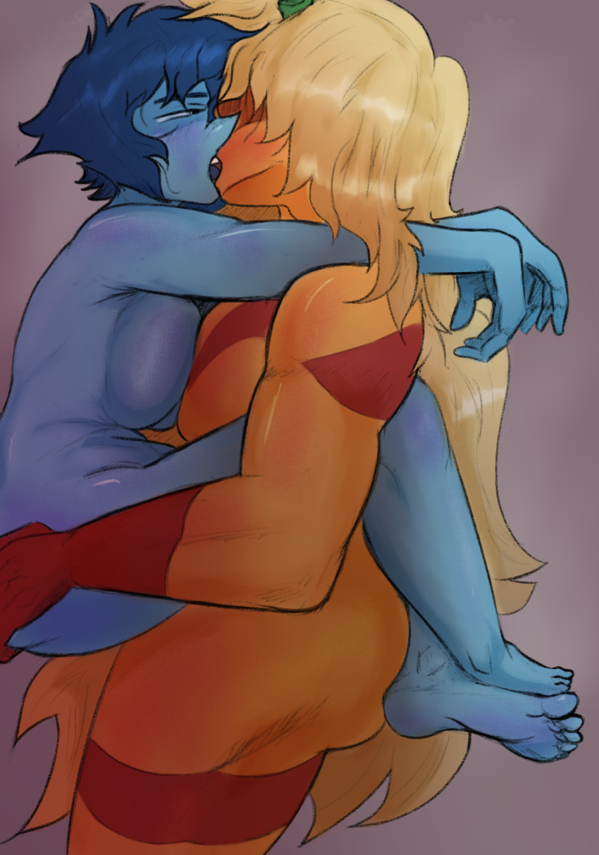 2girls blue_skin blue_skinned_female breast_press carrying_partner female female_only jasper_(steven_universe) kissing lapis_lazuli_(steven_universe) long_hair multiple_girls nafan nude orange_skin red_skin steven_universe yuri