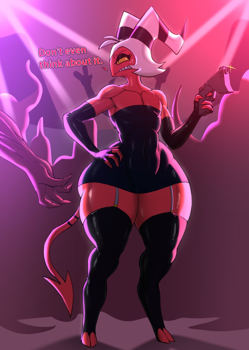 1boy babyhunt4 big_ass big_butt demon devil dress femboy garter_belt gay girly gun helluva_boss imp male moxxie_(helluva_boss) not_furry not_human red_skin shortstack solo stockings tagme tail text thick_ass thick_thighs yaoi