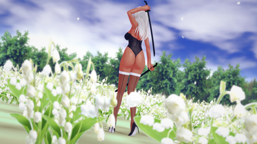 1girls 3d ass black_heels black_leotard breasts bunnysuit dume elma_(xenoblade_x) female_only fishnet_legwear heels high_heels katana latex long_hair rear_view solo strapless_leotard white_hair xenoblade_(series) xenoblade_chronicles_(series) xenoblade_chronicles_x