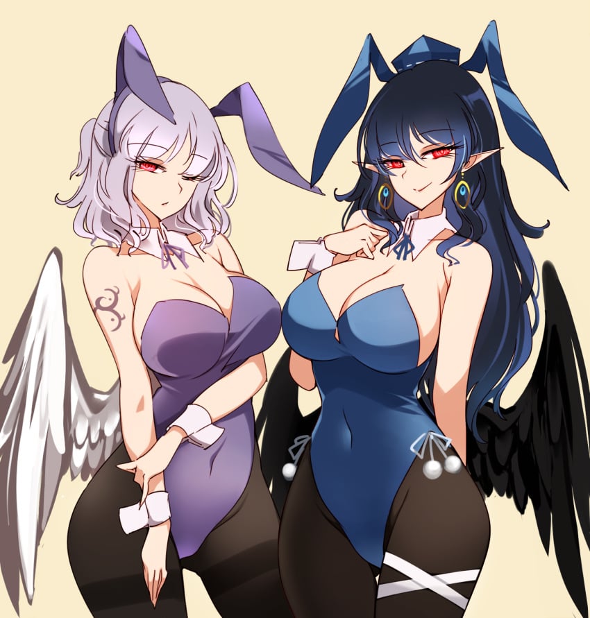 2girls angel_wings animal_ears arm_tattoo bare_shoulders bird_wings black_hair black_pantyhose black_wings blue_leotard blue_wings bow bowtie breasts bunny_ears bunnysuit cleavage contrapposto covered_navel cowboy_shot cross cross_earrings detached_collar drop_earrings earrings fake_animal_ears feathered_wings female female_only gluteal_fold heart heart_tattoo highres iizunamaru_megumu jewelry kishin_sagume large_breasts leotard long_hair low_wings multiple_girls pantyhose playboy_bunny pointy_ears purple_leotard rabbit_ears raptor7 red_eyes sagume_kishin shoulder_tattoo single_wing standing tattoo thighband_pantyhose touhou white_wings wings wrist_cuffs