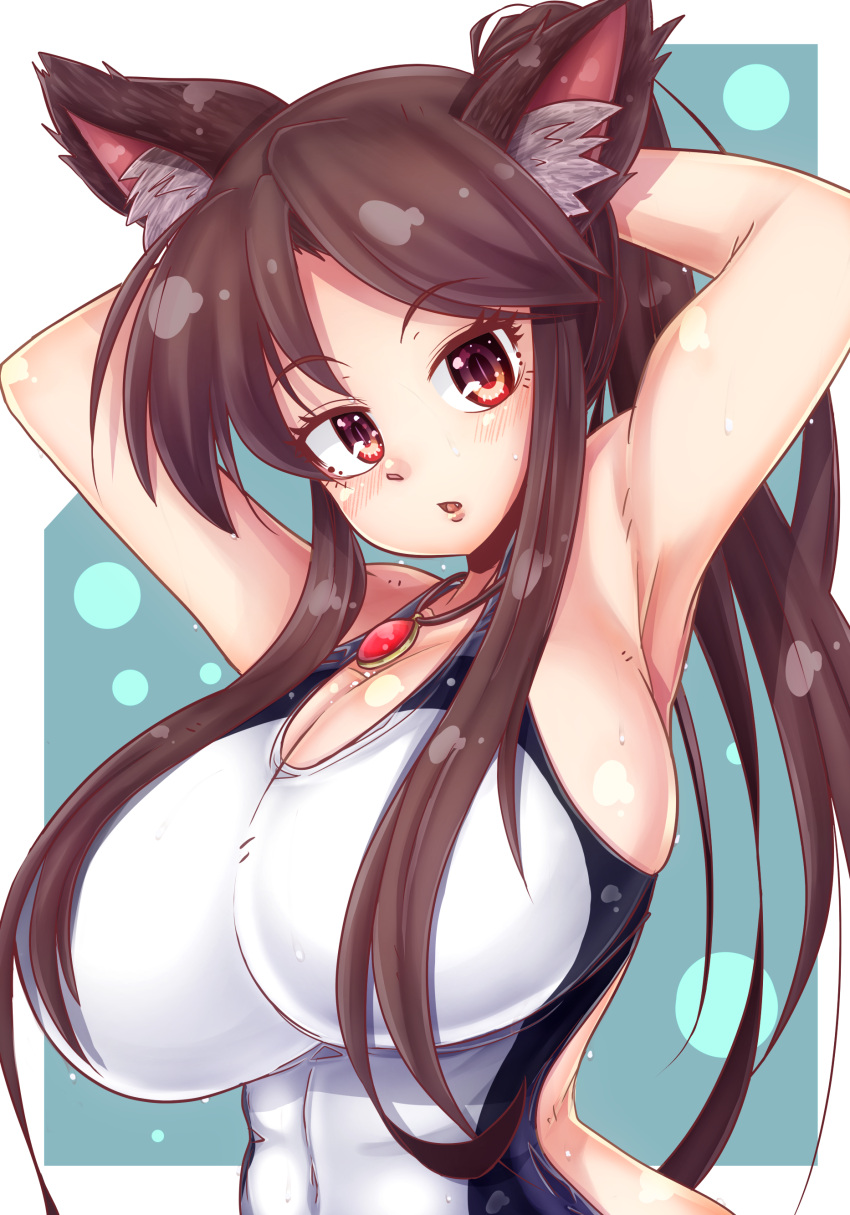 absurdres animal_ears armpits breasts brooch brown_hair cleavage competition_swimsuit female highleg highleg_swimsuit highres imaizumi_kagerou jewelry large_breasts long_hair monster_girl norori one-piece_swimsuit red_eyes solo swimsuit touhou wolf_ears