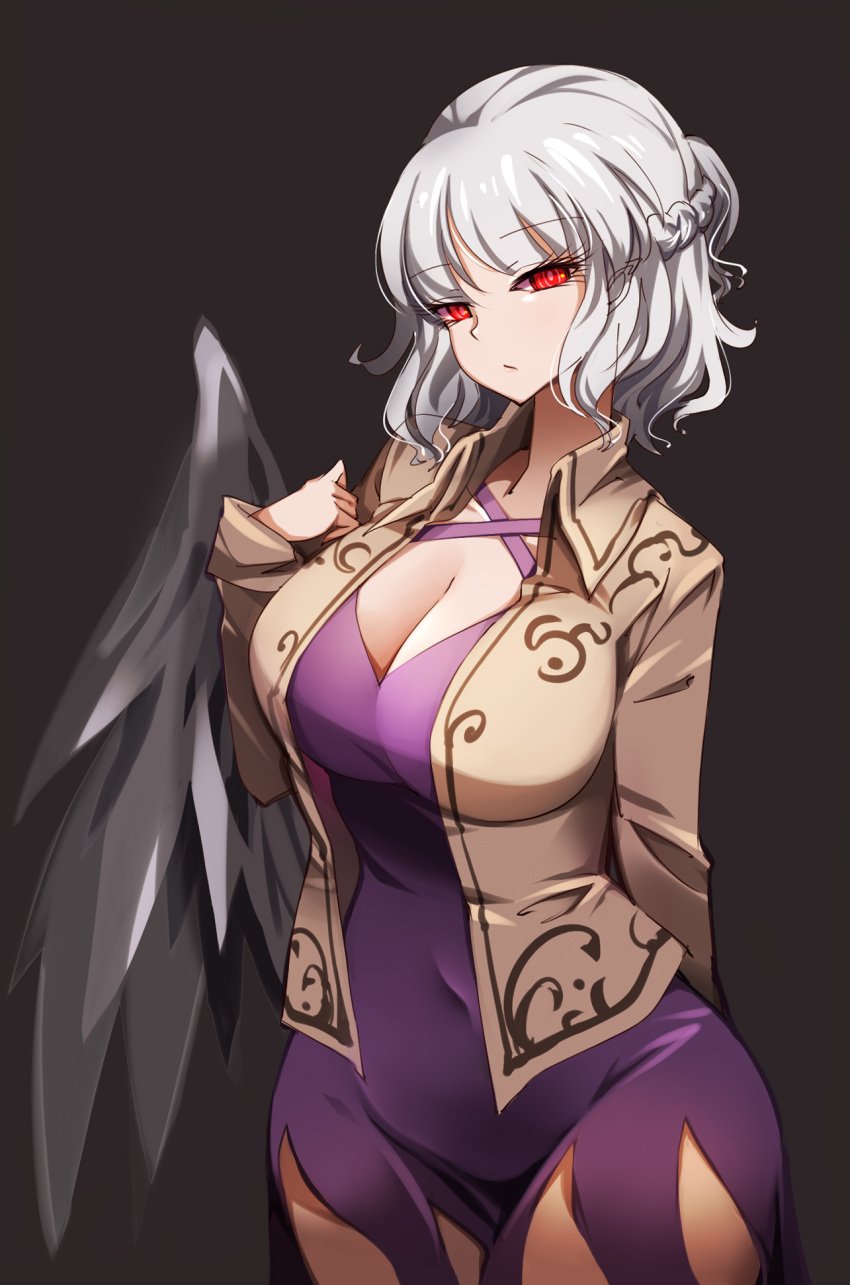 breasts brown_jacket closed_mouth collar collarbone collared_jacket dress female grey_background hair_between_eyes hand_up highres jacket kishin_sagume large_breasts long_sleeves looking_at_viewer open_clothes open_jacket purple_dress raptor7 red_eyes sagume_kishin short_hair silver_hair simple_background single_wing solo standing touhou wings