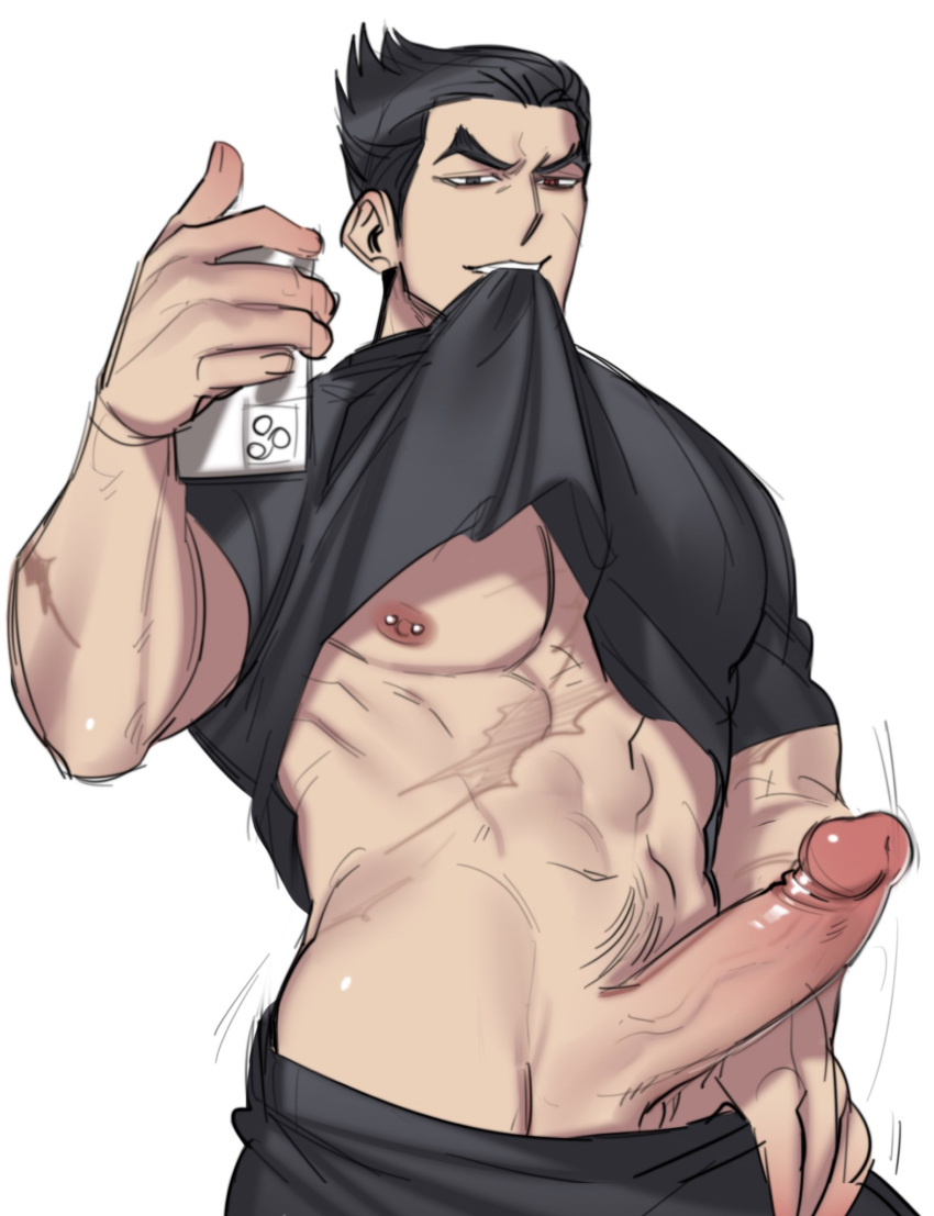 1boy 2d 2d_(artwork) abs alternate_costume bara barbell_piercing black_hair bouncing_penis clothes_in_mouth clothes_pull erection highres holding holding_phone kazuya_mishima large_pectorals large_penis liliiliillj looking_at_viewer male male_focus male_only mature_male mismatched_pupils motion_lines mouth_hold muscular muscular_male navel nipples pants pants_pull pectorals penis phone piercing pulled_by_self selfie shirt_in_mouth short_hair simple_background solo solo_male tekken tekken_7 thick_eyebrows underpec unfinished veins veiny_penis white_background