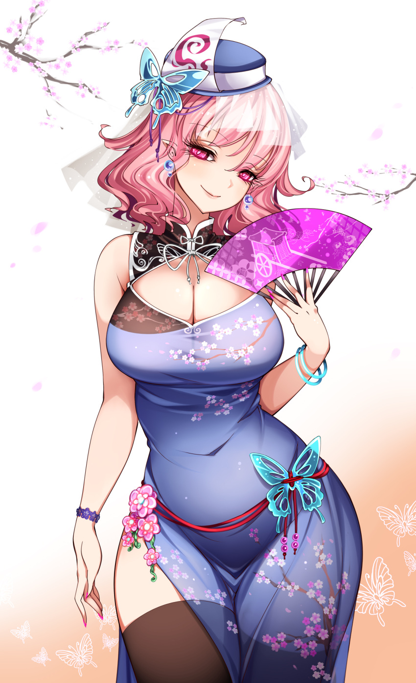 absurdres bracelet breasts brown_thighhighs cherry_blossoms china_dress chinese_clothes cleavage cleavage_cutout clothing_cutout colored_eyelashes commentary_request covered_navel cowboy_shot dress earrings female folding_fan hand_fan hat highres jewelry large_breasts looking_at_viewer pink_hair pointy_ears raptor7 ribbon saigyouji_yuyuko smile solo thighhighs thighs touhou wide_hips yuyuko_saigyouji