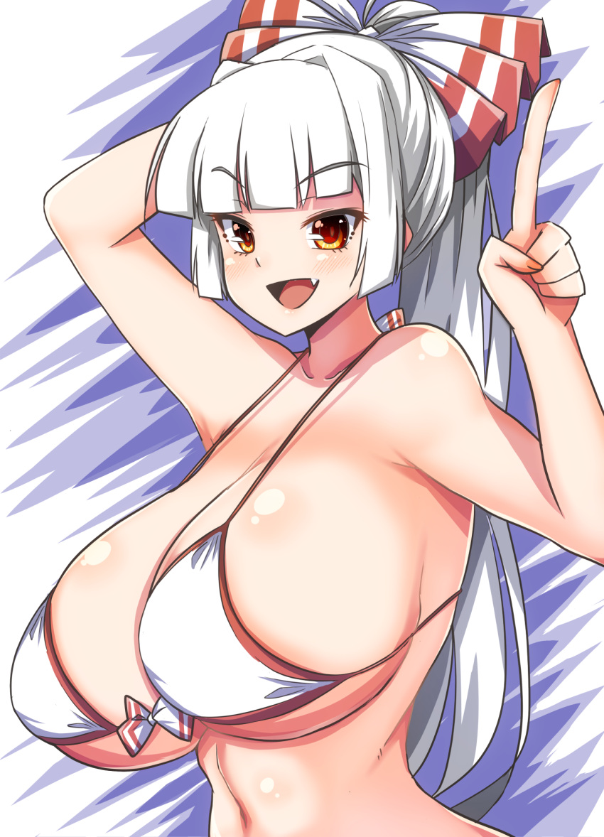 bikini cleavage fujiwara_no_mokou huge_breasts looking_at_viewer norori oerba_yun_fang sideboob touhou white_hair