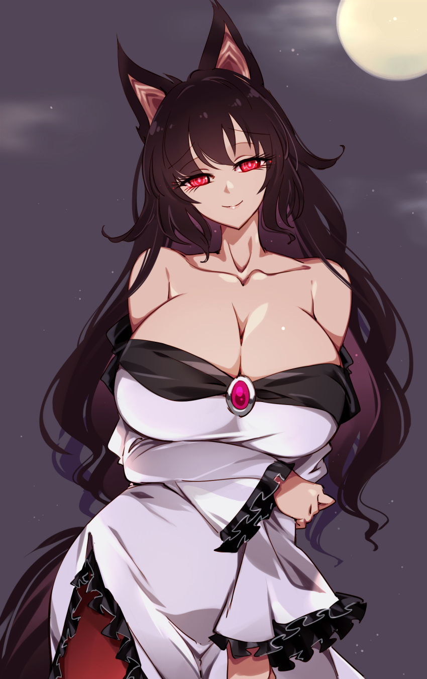 animal_ears arm_under_breasts arms_under_breasts bare_shoulders breast_hold breasts brooch brown_hair cleavage collarbone crossed_arms dress female highres huge_breasts imaizumi_kagerou jewelry large_breasts long_hair long_sleeves moonlight night off_shoulder raptor7 red_eyes sky solo touhou wolf_ears