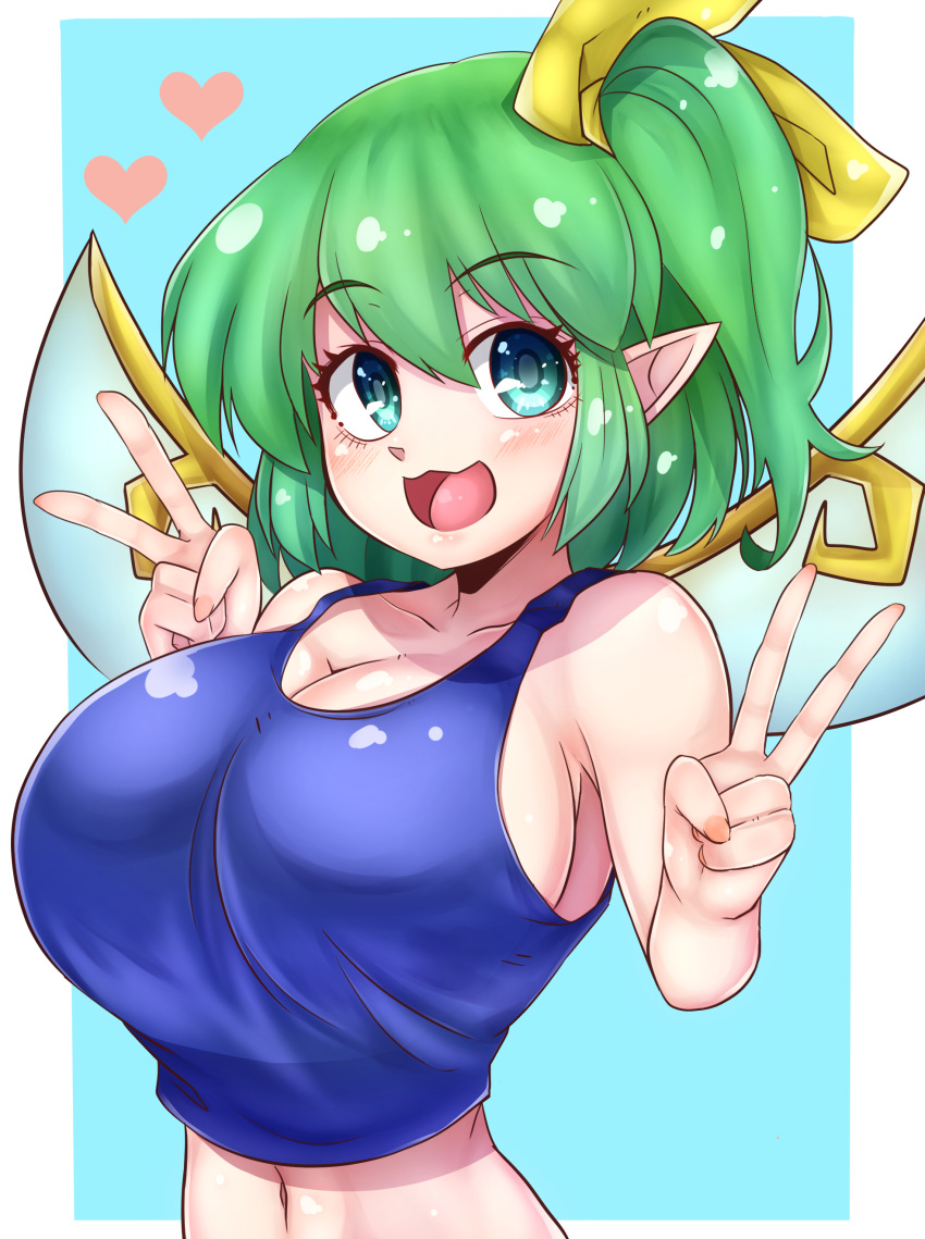 daiyousei fairy green_hair huge_breasts looking_at_viewer norori peace_sign touhou wings