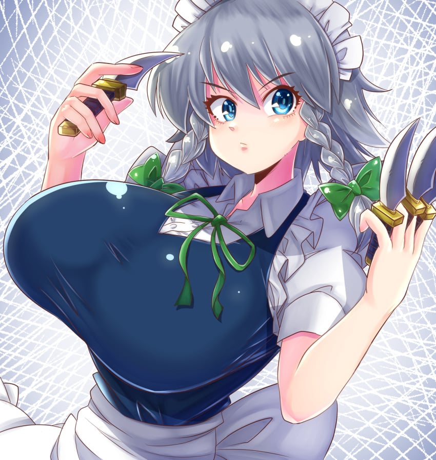 apron blue_dress blue_eyes bow braid breasts dress female green_bow grey_hair hairbow highres huge_breasts izayoi_sakuya maid maid_apron maid_headdress norori puffy_short_sleeves puffy_sleeves sakuya_izayoi short_sleeves solo touhou twin_braids waist_apron waist_bow white_apron white_bow