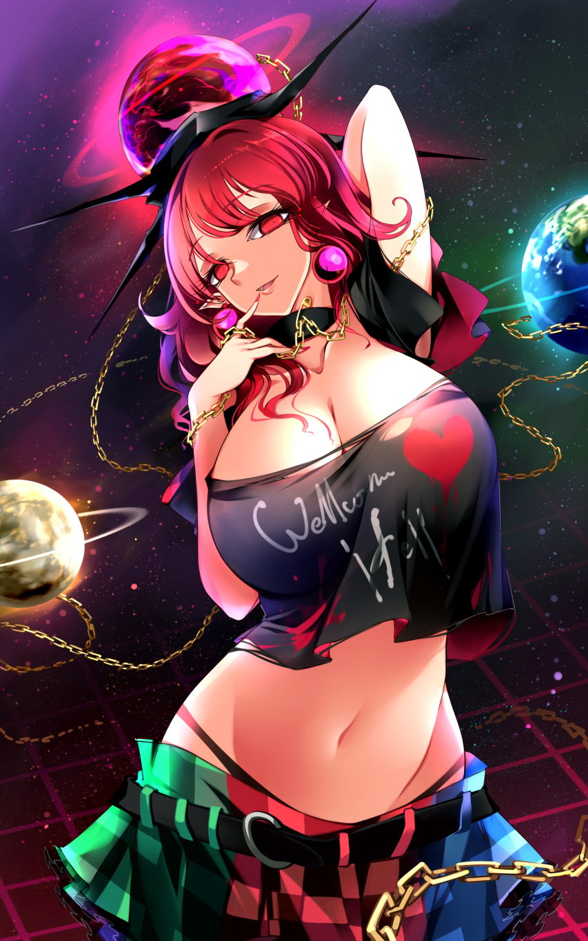 absurdres arm_up belt black_panties black_shirt breasts chains cleavage clothes_writing crop_top earrings earth_(ornament) female finger_to_mouth gold_chain hecatia_lapislazuli highres jewelry large_breasts lips loose_skirt midriff moon_(ornament) multicolored_clothes nail_polish navel panties pixel-perfect_duplicate plaid plaid_skirt pointy_ears polos_crown raptor7 red_eyes red_hair red_nails shirt skirt solo t-shirt torn_clothes torn_shirt touhou underwear underworld_(ornament)