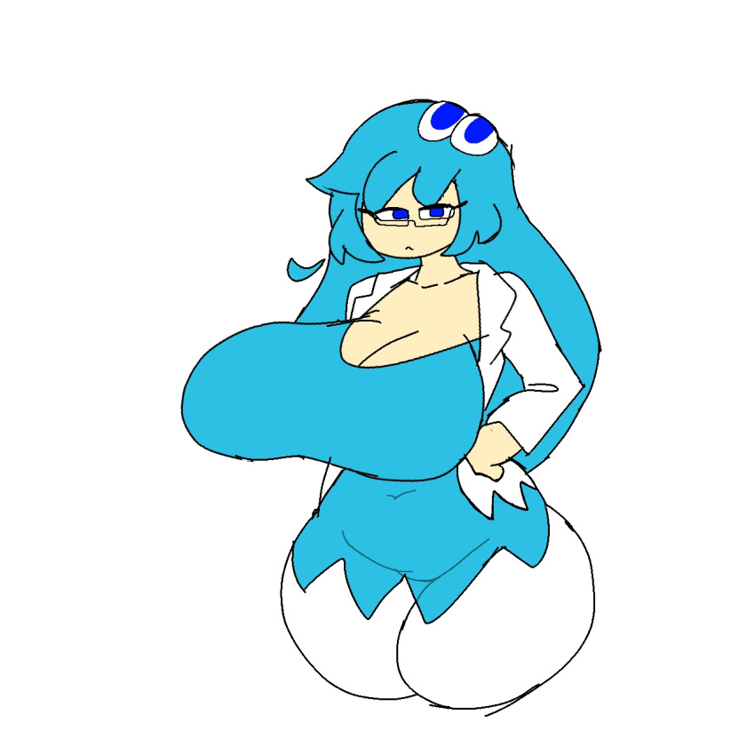 blue_eyes blue_hair cleavage glasses h.a.r hair_ornament huge_breasts inky_(pac-man) pac-man_(series) pac-man_ghost_dance_(minus8) rule_63 thick_thighs