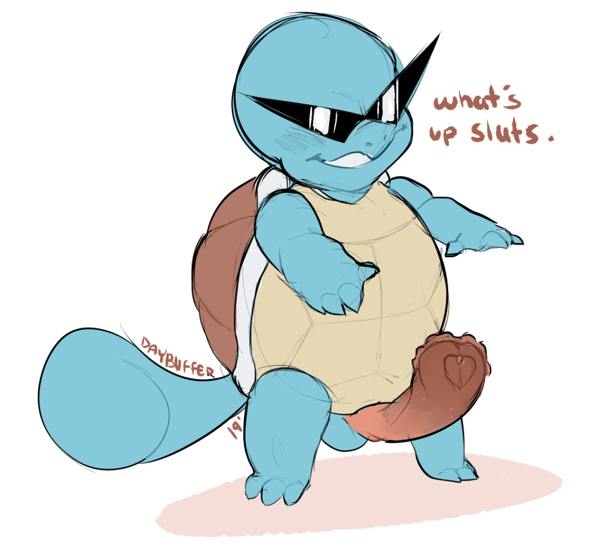 1boy 2019 animal_genitalia animal_penis biped blue_body english_text eyewear feral feral_only generation_1_pokemon genitals grin hi_res male male_only nintendo penis pigeontoez pokemon pokemon_(species) semi-anthro shell simple_background smile solo squirtle standing sunglasses teeth text turtle_penis white_background